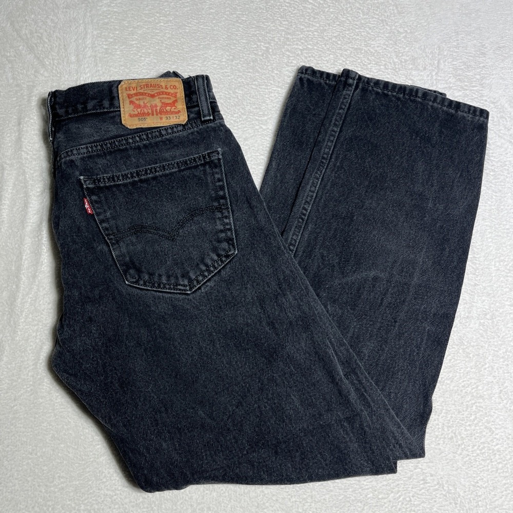 Levi's 505 Jeans Mens 33x32 Black Regular Fit Straight Leg Faded Denim Casual